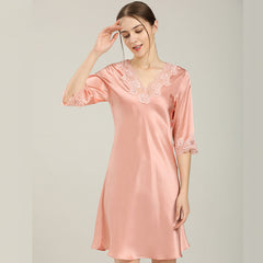 Women Silk Nightgown With Lace Short Sleeves Lace Silk Sleepwear