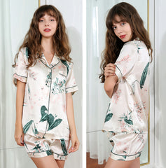 Women's Floral print Silk Pajama Set luxury Short Silk nightwear