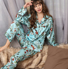 Women Flower Print Silk Pajamas Ladies Long Silk Pajamas
