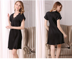 Women V Neck Silk Nightgown With Lace Short Sleeves Silk Chemise