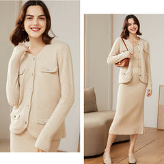 Women's 100% Pure Cashmere Cardigan Winter Crew Neck Long Sleeve Loose pocket Winter Cashmere Cardigan Coat