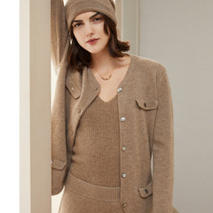 Women's 100% Pure Cashmere Cardigan Winter Crew Neck Long Sleeve Loose pocket Winter Cashmere Cardigan Coat