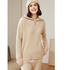 Women's Pure Cashmere Half Turtleneck Zip Half Open Collar Sweater