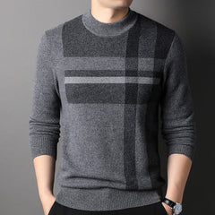 Pure Cashmere Stripe Men’s Modern Plaid Crewneck Sweater