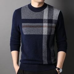Pure Cashmere Stripe Men’s Modern Plaid Crewneck Sweater