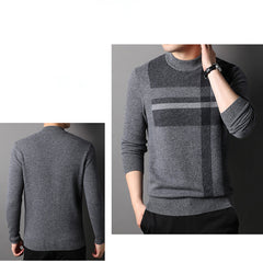 Pure Cashmere Stripe Men’s Modern Plaid Crewneck Sweater