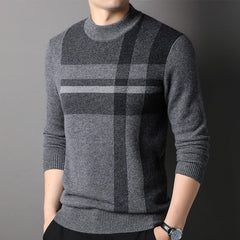 Pure Cashmere Stripe Men’s Modern Plaid Crewneck Sweater