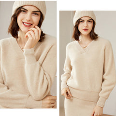 Women's Pure Cashmere V Neck Soft Knit Loose Pullover Sweater