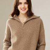 Pure Cashmere Half Zip Turtleneck Ribbed Knit Pullover Collar Sweater