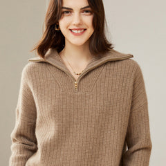 Pure Cashmere Half Zip Turtleneck Ribbed Knit Pullover Collar Sweater