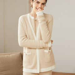 Mixed Colorblock Long Sleeve Open Front Pure Cashmere Cardigan