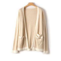 Mixed Colorblock Long Sleeve Open Front Pure Cashmere Cardigan