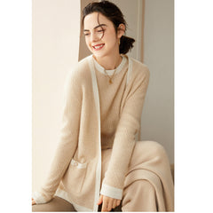 Mixed Colorblock Long Sleeve Open Front Pure Cashmere Cardigan