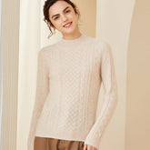 Women's Crew Neck Ribbed Pullover Cashmere Cable Knit Sweater