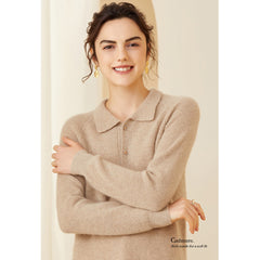 Women's Polo Lapel Ribbed Knit Pullover Wool Cashmere Sweater