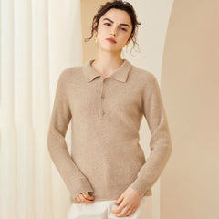 Women's Polo Lapel Ribbed Knit Pullover Wool Cashmere Sweater