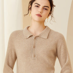 Women's Polo Lapel Ribbed Knit Pullover Wool Cashmere Sweater