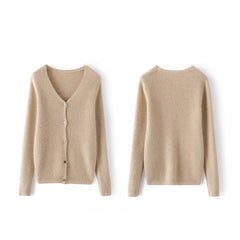V Neck Ribbed Button-Up Knit Cashmere Wool V-Neck Cardigan