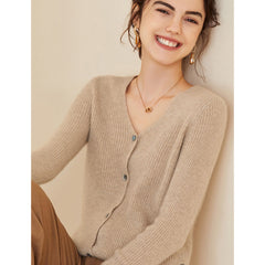V Neck Ribbed Button-Up Knit Cashmere Wool V-Neck Cardigan