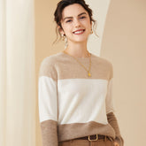 Women's Soft Crew Neck Knit Pullover Cashmere Colorblock Sweater