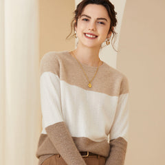 Women's Soft Crew Neck Knit Pullover Cashmere Colorblock Sweater
