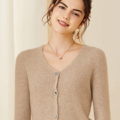 V Neck Ribbed Button-Up Knit Cashmere Wool V-Neck Cardigan