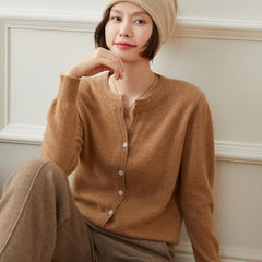 Women's Classic Button-Up Knit Wool Crew Neck Cashmere Cardigan