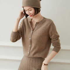 Women's Classic Button-Up Knit Wool Crew Neck Cashmere Cardigan