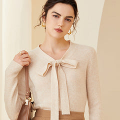 Women's Bow Tie Neck Cashmere Wool V Neck Knit Top Sweater