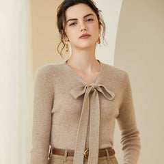 Women's Bow Tie Neck Cashmere Wool V Neck Knit Top Sweater