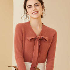 Women's Bow Tie Neck Cashmere Wool V Neck Knit Top Sweater