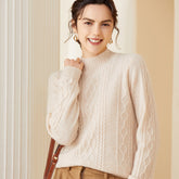 Mock Neck Cable Knit Cashmere Warm Sweater for Women