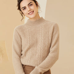 Mock Neck Cable Knit Texture Cashmere Wool Sweater for Women