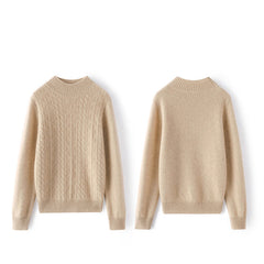 Mock Neck Cable Knit Texture Cashmere Wool Sweater for Women