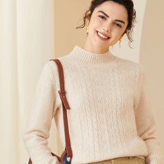 Mock Neck Cable Knit Texture Cashmere Wool Sweater for Women