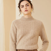 Mock Neck Cable Knit Texture Cashmere Wool Sweater for Women