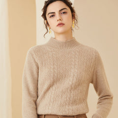 Mock Neck Cable Knit Texture Cashmere Wool Sweater for Women