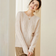 Soft Warm Crew Neck Cable Knit Wool Cashmere Sweater