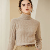 Women's Turtleneck Cable Knit Warm Pullover Cashmere Sweater