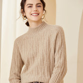 Loose Geometric Cable Knit Warm Mock Neck Cashmere Wool Sweater