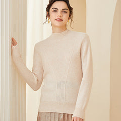 Mock Neck Ribbed V-panel Design Cashmere Sweater for Women