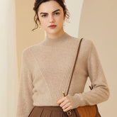 Mock Neck Ribbed V-panel Design Cashmere Sweater for Women
