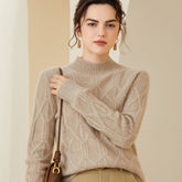 Warm Mock Neck Geometric Cable Knit Cashmere Wool Sweater