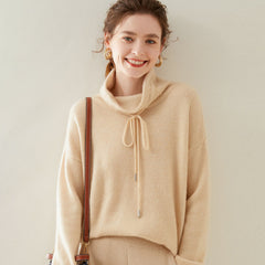 Cowl Neck Cashmere Wool Sweater Loose Tie Soft Relaxed Knit Top