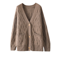 100% Cashmere Cable Knit Button Soft Sweater Cardigan with Pocket