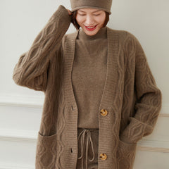 100% Cashmere Cable Knit Button Soft Sweater Cardigan with Pocket