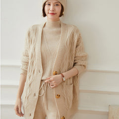 100% Cashmere Cable Knit Button Soft Sweater Cardigan with Pocket