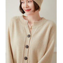Round Neck Button Front Cashmere Wool Knit Sweater Cardigan