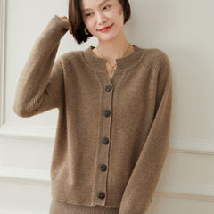 Round Neck Button Front Cashmere Wool Knit Sweater Cardigan