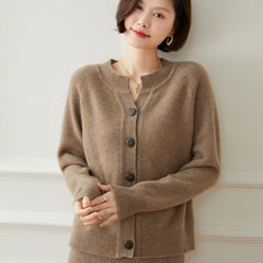 Round Neck Button Front Cashmere Wool Knit Sweater Cardigan